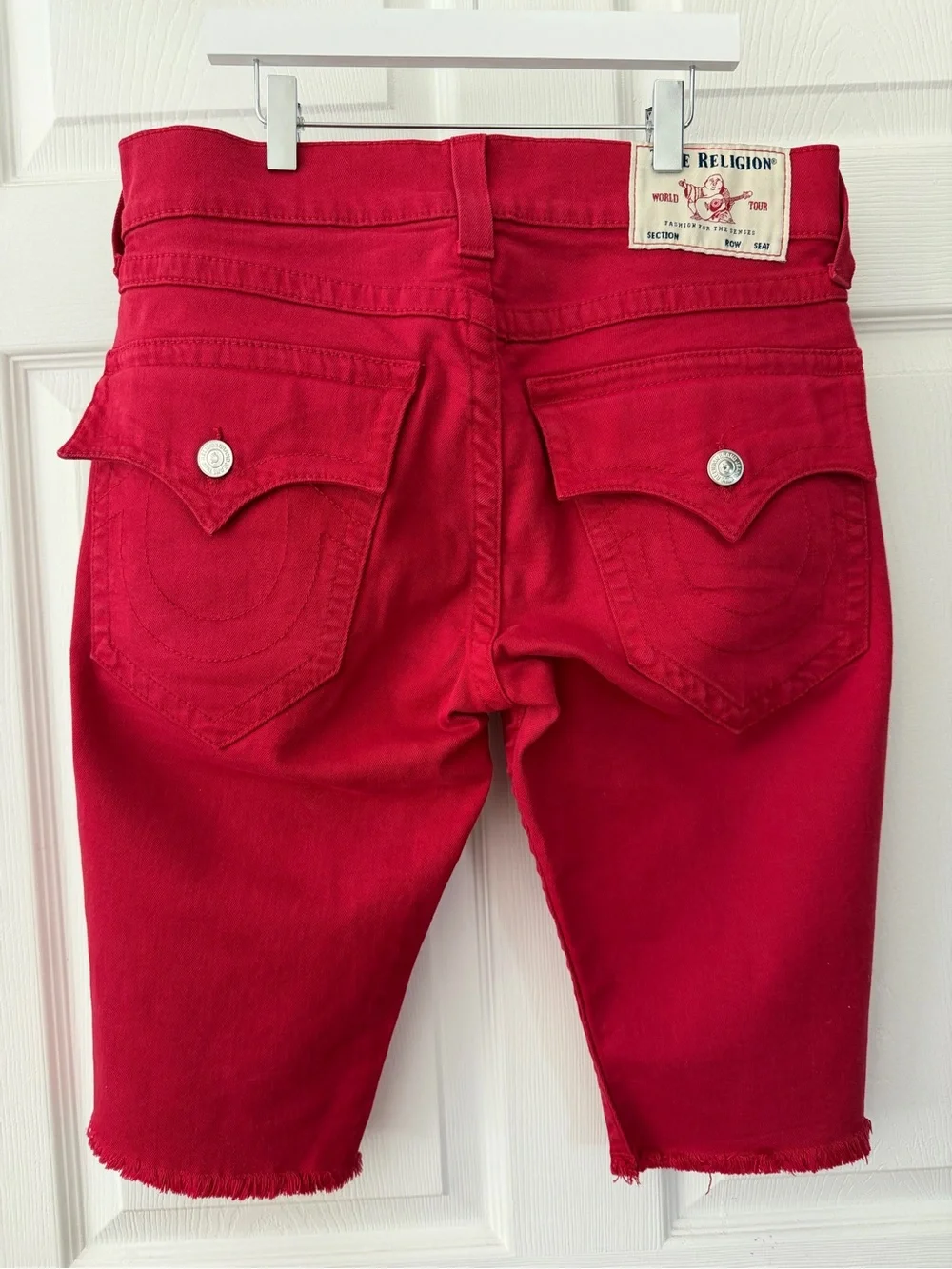 True Religion Bright Red Ricky Denim Cutoff Shorts